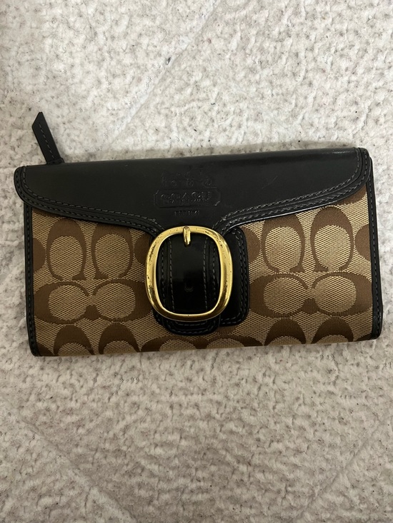 Coach Handbags - Coach Brown Signature Canvas Wallet with Black Trim and Gold Buckle